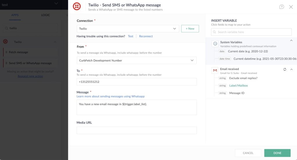 Converting an Email to become aText Notification using Zoho Flow - Step 12